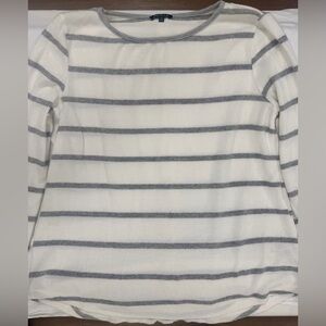 Pink Clover Cream and Gray Striped Long Sleeve Top with button back detail.